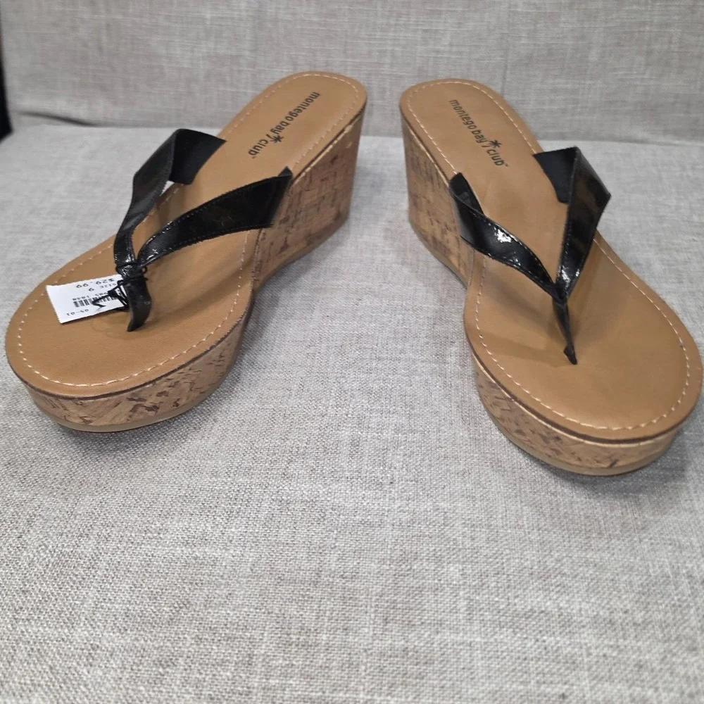 Y2K Montego Bay Club Womens Black Patent Cork Wedge Thong Sandals Size 9 139985